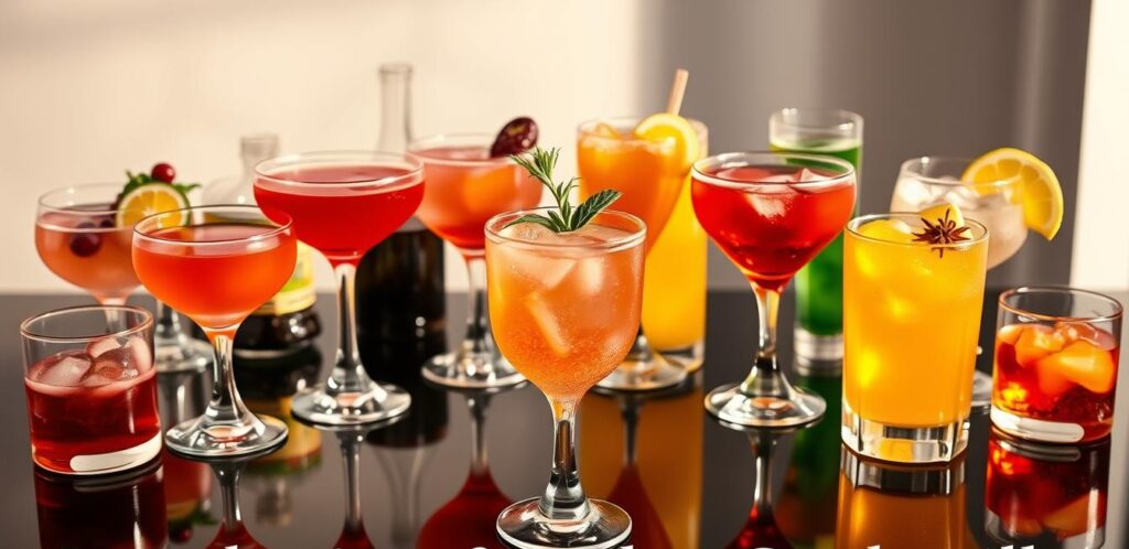 An elegant composition of vibrant alcohol-free cocktails, artfully arranged on a glossy black surface. A centerpiece cocktail, garnished with a delicate sprig of mint, takes the spotlight, surrounded by an assortment of colorful drinks, each with its own unique garnish. Soft, warm lighting casts a subtle glow, creating a sophisticated and inviting atmosphere. The cocktails are framed by a minimalist background, allowing the drinks to be the true focus of the image. The overall scene conveys a sense of refinement and attention to detail, perfectly capturing the essence of the "Introduction to Alcohol-free Cocktails" section.